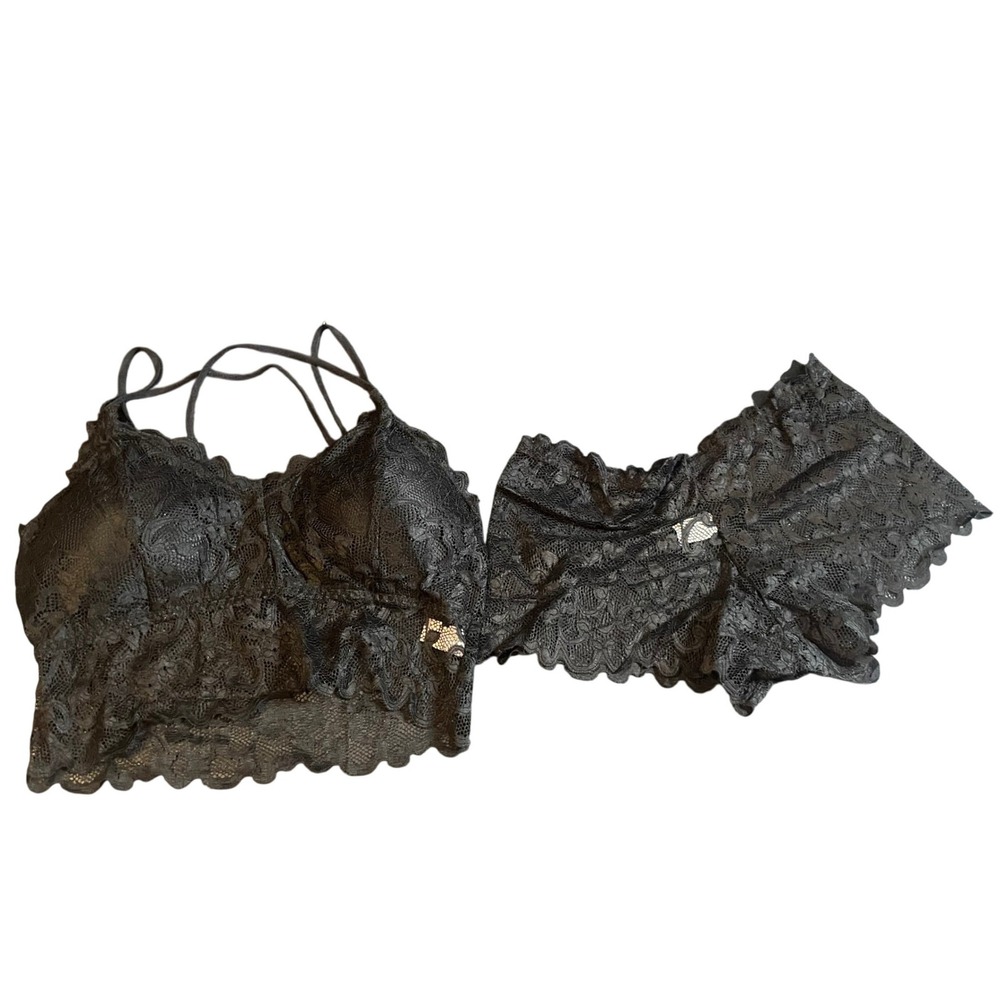 Black‎ Floral Lace Bralette and Boyshort Lingerie Set Strappy Back Padded Medium